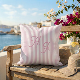 Klassisches Rosa Weiß Streifen Küstenmonogramm Kissen