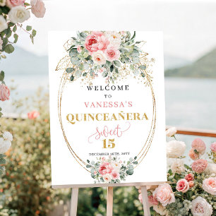 Klassisches rosafarbenes florales goldenes Quincea Poster