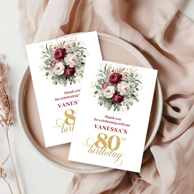 Klassisches Rosé Burgunder 80. Geburtstag Danke sc (Classic Blush Burgundy 80th Birthday Thank You Card)