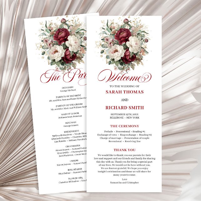 Klassisches Rosé-Burgunder-Blumen-Hochzeitsprogram Programm (Classic Blush Burgundy Floral Wedding Program)
