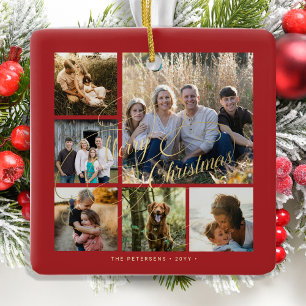 Klassisches Rot-Gold 6-Foto-Collage Keramikornament