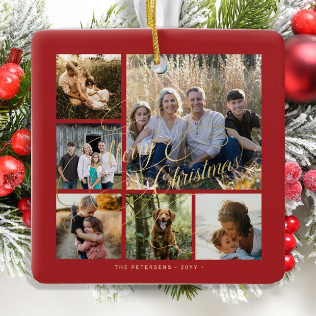 Klassisches Rot-Gold 6-Foto-Collage Keramikornament (Von Creator hochgeladen)