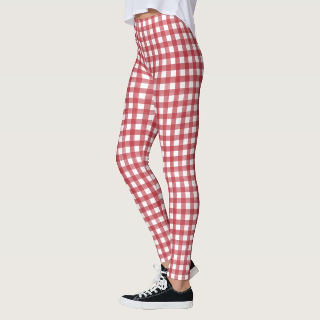 Klassisches Rot und Weiß Gingham Kariert Gemustert Leggings (Links)