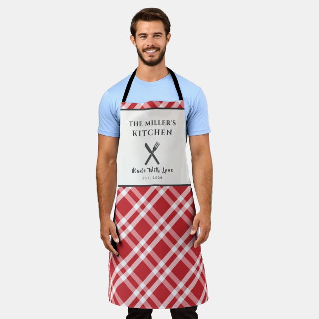 Klassisches Rot-Weiß-Gingham-Karo personalisiert Schürze (Getragen)