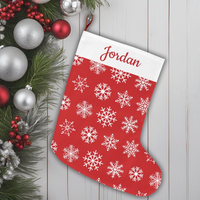 Klassisches Rot-Weiß-Schneeflockenmuster Personali Großer Weihnachtsstrumpf (Classic Red & White Snowflake Pattern Personalized Large Christmas Stocking)