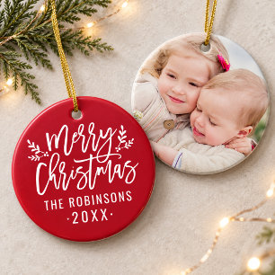 Klassisches Rot-Weiß-Script Frohe Weihnachten Foto Keramikornament