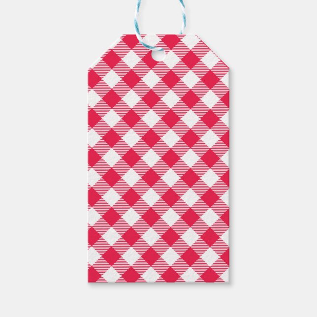 Klassisches rot-weißes Gingham-Muster Rustikal Geschenkanhänger (Vorderseite)