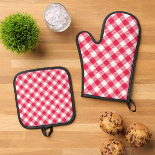 Klassisches rot-weißes Gingham-Muster Rustikal Ofenhandschuh & Topflappen-Set