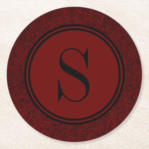 Klassisches rotes Fischgrätenmuster-Monogramm Runder Pappuntersetzer