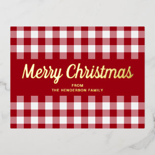 Klassisches rotes Gingham-Weihnachtsskript Gold Folien Feiertagspostkarte