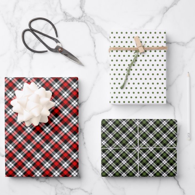 Klassisches Rotes Grün Schwarz-weiß Gingham Geschenkpapier Set (Vorderseite)
