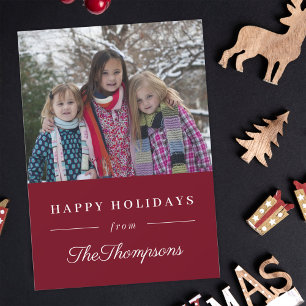 Klassisches rotes Happy Holidays Familienfoto Feiertagskarte