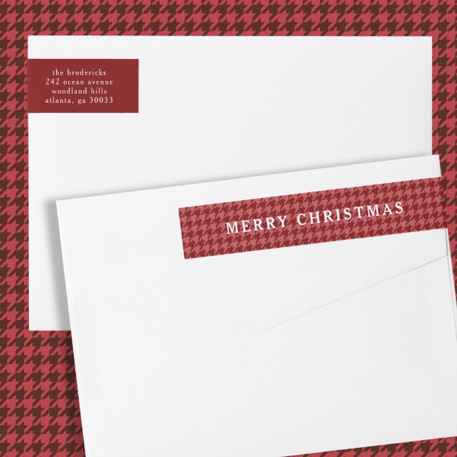 Klassisches rotes Houndstooth Frohe Weihnachten  (classic, preppy, Christmas address label with red houndstooth pattern)