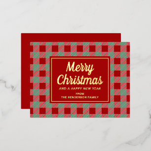 Klassisches rotes Karo-Script-Weihnachten Gold Folien Feiertagspostkarte