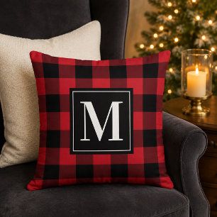 Klassisches rotes schwarzes Buffalo-Karo-Monogramm Kissen