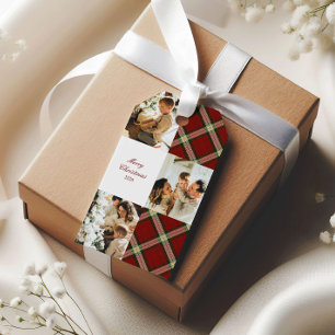 Klassisches rotes Weihnachtskaromuster Drei Fotos Geschenkanhänger