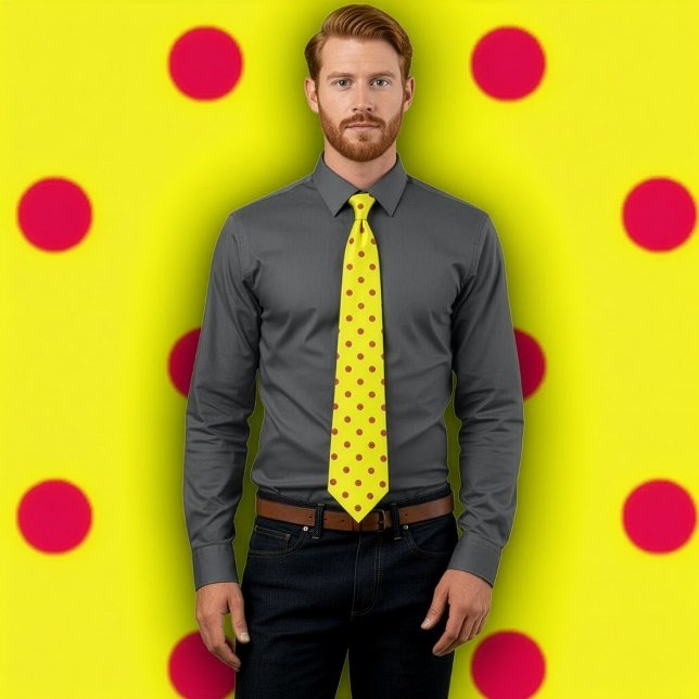 Klassisches Rotpolka-Punktmuster auf der gelben Kr Krawatte (Man wears a yellow tie with red polka dots. Background matches the pattern on tie.)