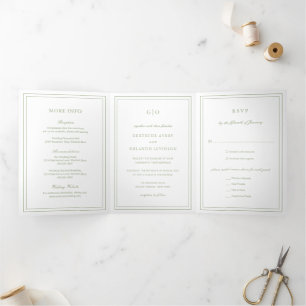 Klassisches Salbeigrün Elegante Hochzeit Dreifach Gefaltete Einladung