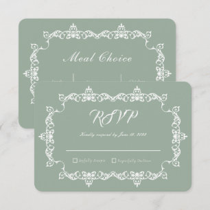 Klassisches Salbeigrün Hochzeit mit aufwendigem Ra RSVP Karte