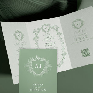 Klassisches Salbeigrünes französisches florales QR Dreifach Gefaltete Einladung
