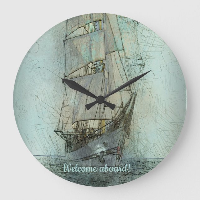 Klassisches Schiff (blau) Große Wanduhr (Vorderseite)