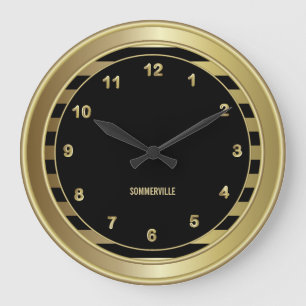 Klassisches Schwarz & Gold mit Streifen Große Wanduhr