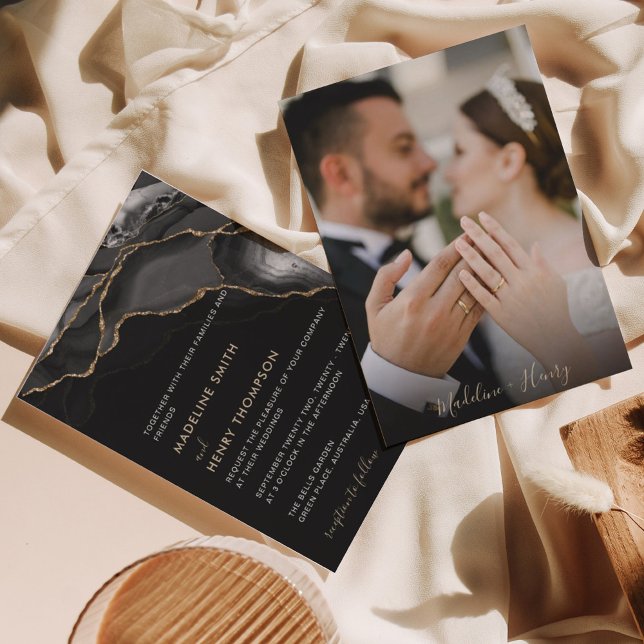 Klassisches Schwarz-Gold-Script mit Foto-Hochzeit Einladung (Von Creator hochgeladen)