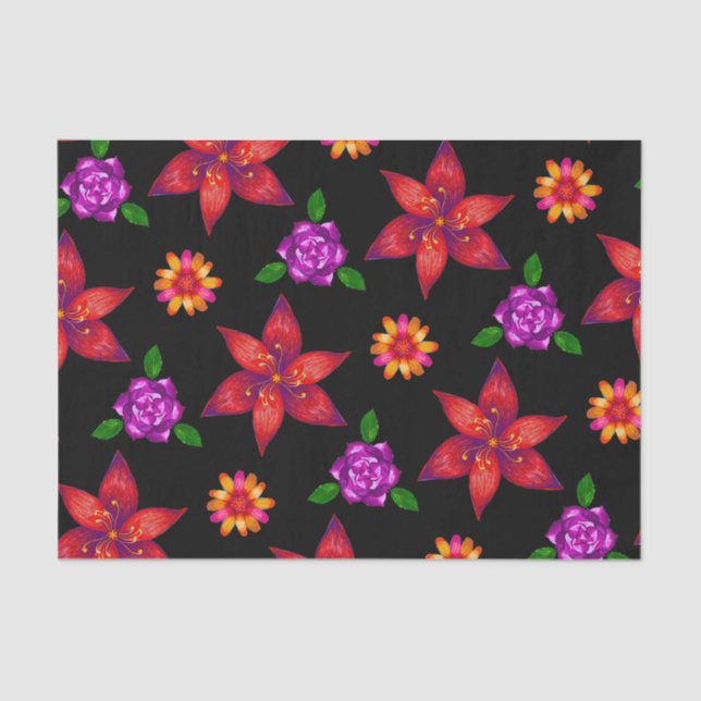 Klassisches Schwarz-Rot-Liberty-Blumenmuster Chic Seidenpapier (Vorderseite)