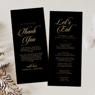 Klassisches Schwarz und Gold Danke und Hochzeit Menükarte