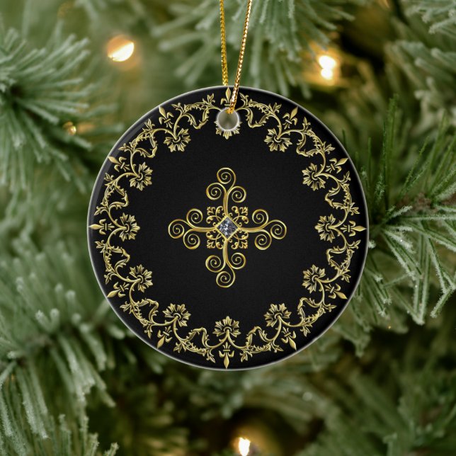 Klassisches Schwarz und Gold Keramik Ornament (Baum)