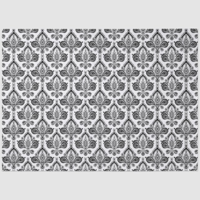 Klassisches Schwarz-Weiß-Damaskus-Textilmuster Seidenpapier (Vorderseite)