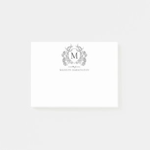 Klassisches Schwarz Weiß Florales Vintage-Wappen M Post-it Klebezettel