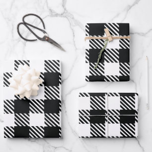 Klassisches Schwarz-Weiß-Gingham-Karo-Geschenk Geschenkpapier Set