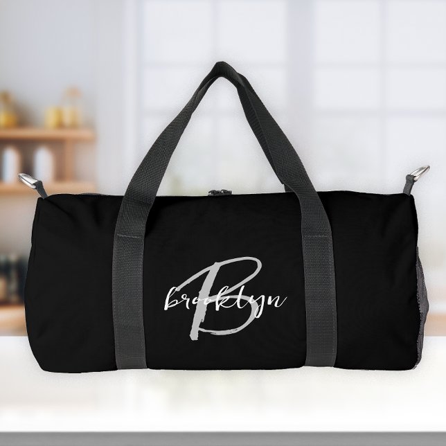 Klassisches Schwarz-weiß-Gray-Script-Monogramm Duffle Bag (Von Creator hochgeladen)