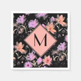 Klassisches Schwarz-Weiß-Korallenrosa-Blütenmonogr Serviette