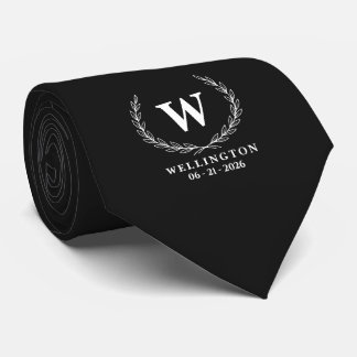 Klassisches Schwarz-Weiß-Lorbeer-Monogramm-Hochzei Krawatte