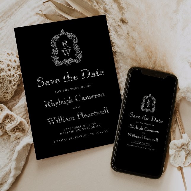 Klassisches Schwarz-Weiß-Monogramm-Wappen Save The Date (Von Creator hochgeladen)