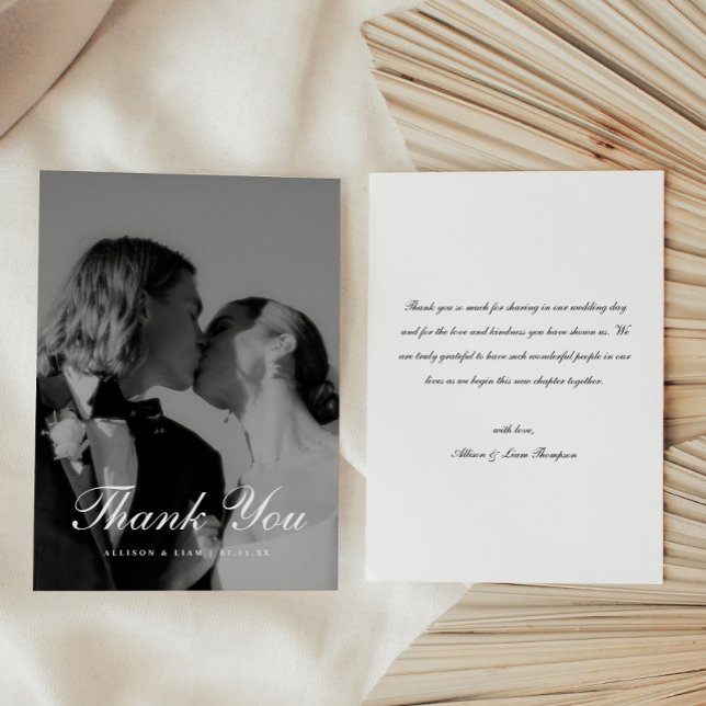 Klassisches Schwarz-Weiß-Script-Hochzeitsfoto Dankeskarte (Von Creator hochgeladen)