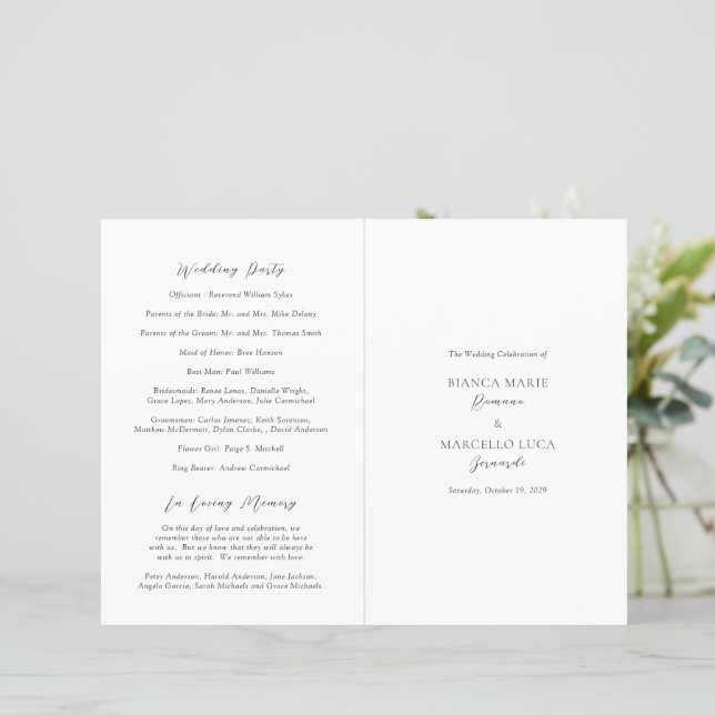 Klassisches Schwarz-Weiß-Timeless-Hochzeitsprogram (Stehend Vorderseite)