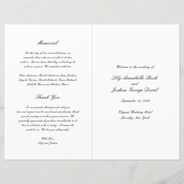 Klassisches Schwarz-Weiß-Timeless-Hochzeitsprogram (Vorderseite)
