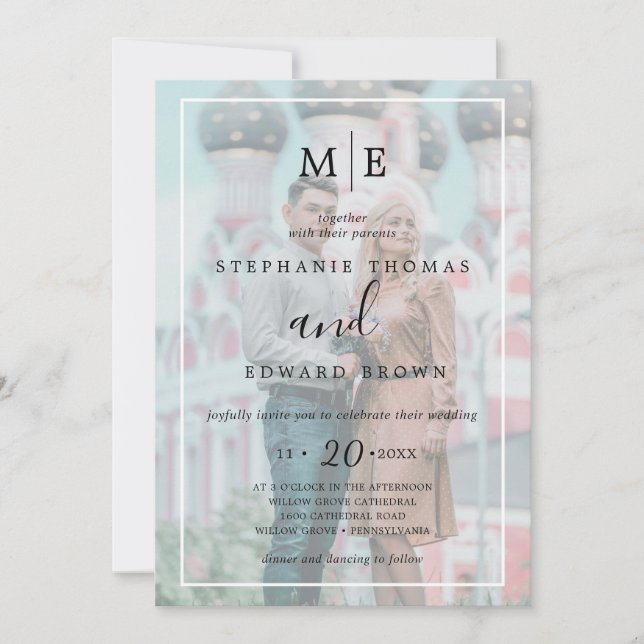 Klassisches Schwarz-Weiß-Vellum-Effekt-Foto Hochze Einladung (Vorderseite)