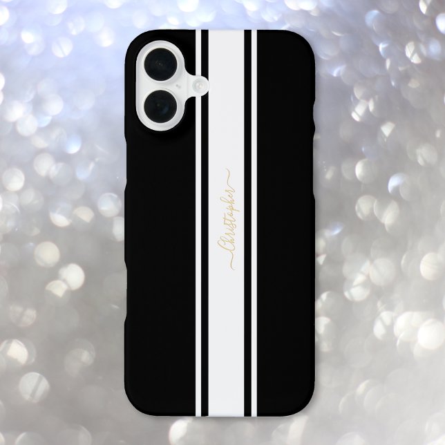 Klassisches Schwarz-weißes Racing Stripes Gold Mon iPhone Hülle (Classic Black White Racing Stripes Gold Monogram iPhone Case)