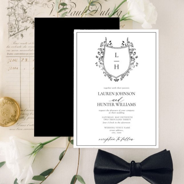 Klassisches Schwarz-Wildblume-Monogramm-Wappen Hoc Einladung (Von Creator hochgeladen)