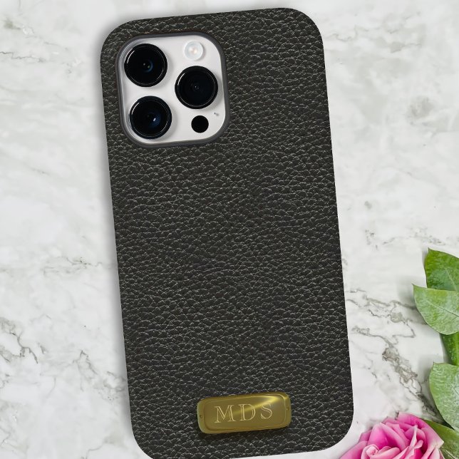Klassisches Schwarzes Imitat Leather Gold Monogram Case-Mate iPhone Hülle (A classic faux black leather look phone case with space for your initials)