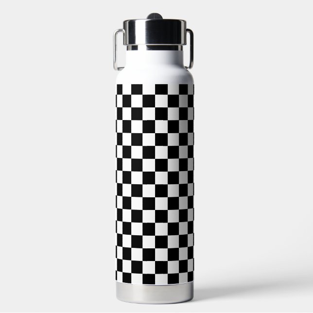 Klassisches schwarzes Schachbrettmuster Trinkflasche (Vorderseite)