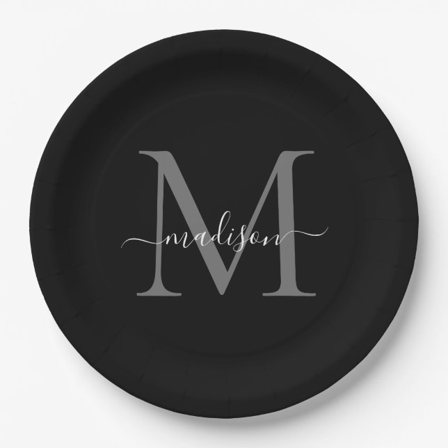 Klassisches Schwarzgraues Monogramm Moderne Schrif Pappteller (Vorderseite)