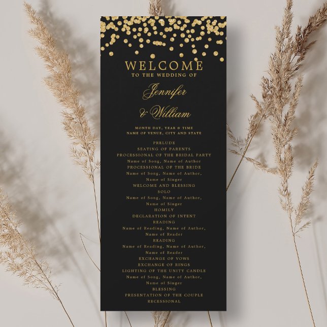 Klassisches Script Hochzeitsprogramm Confetti Gold Einladung (Von Creator hochgeladen)