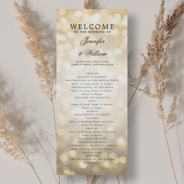 Klassisches Script Wedding Program Gold Bokeh Ligh Einladung (Classic Script Wedding Program Gold Bokeh Lights)