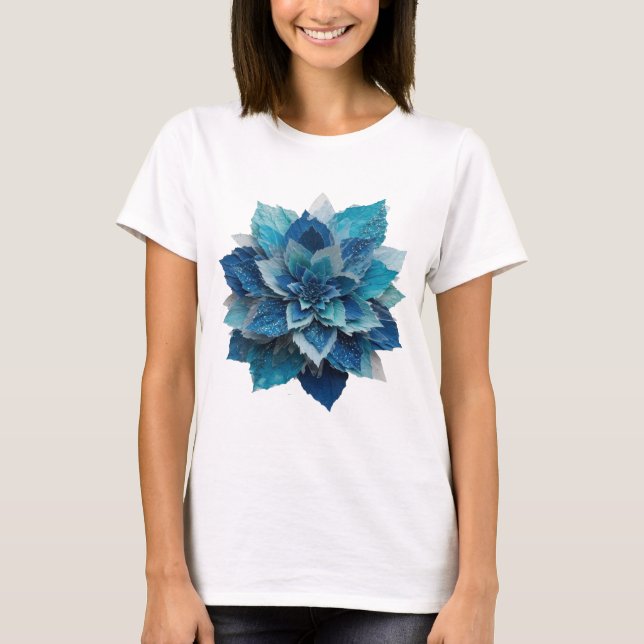 Klassisches Silber BLAUE BLUME Fettes Design T-Shirt (Vorderseite)