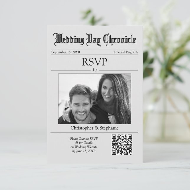 Klassisches Skript 1 Foto QR-Code Grau Zeitung RSVP Karte (Stehend Vorderseite)